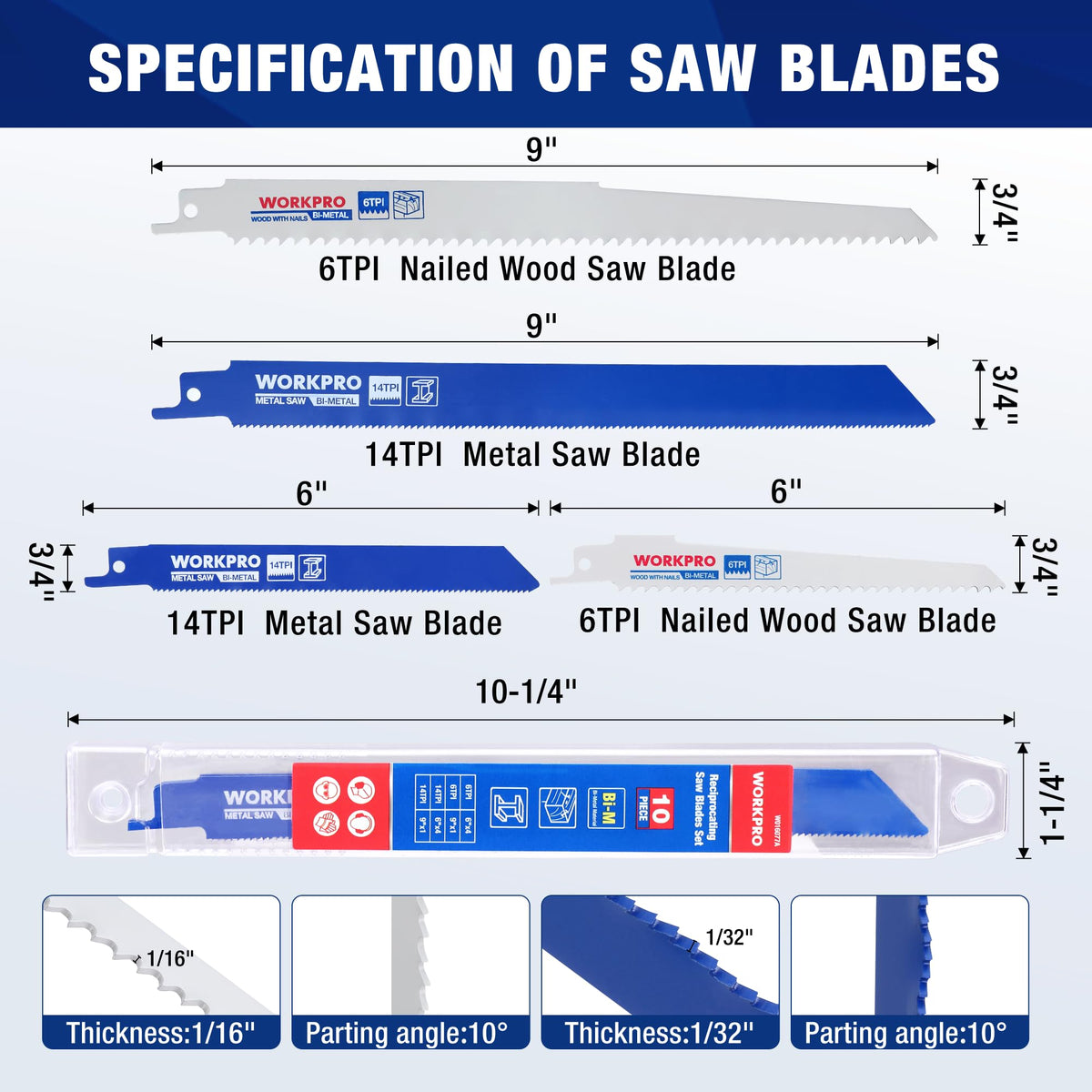 WORKPRO nailed wood blade 6TPI cutting nails for fast carpentry work.