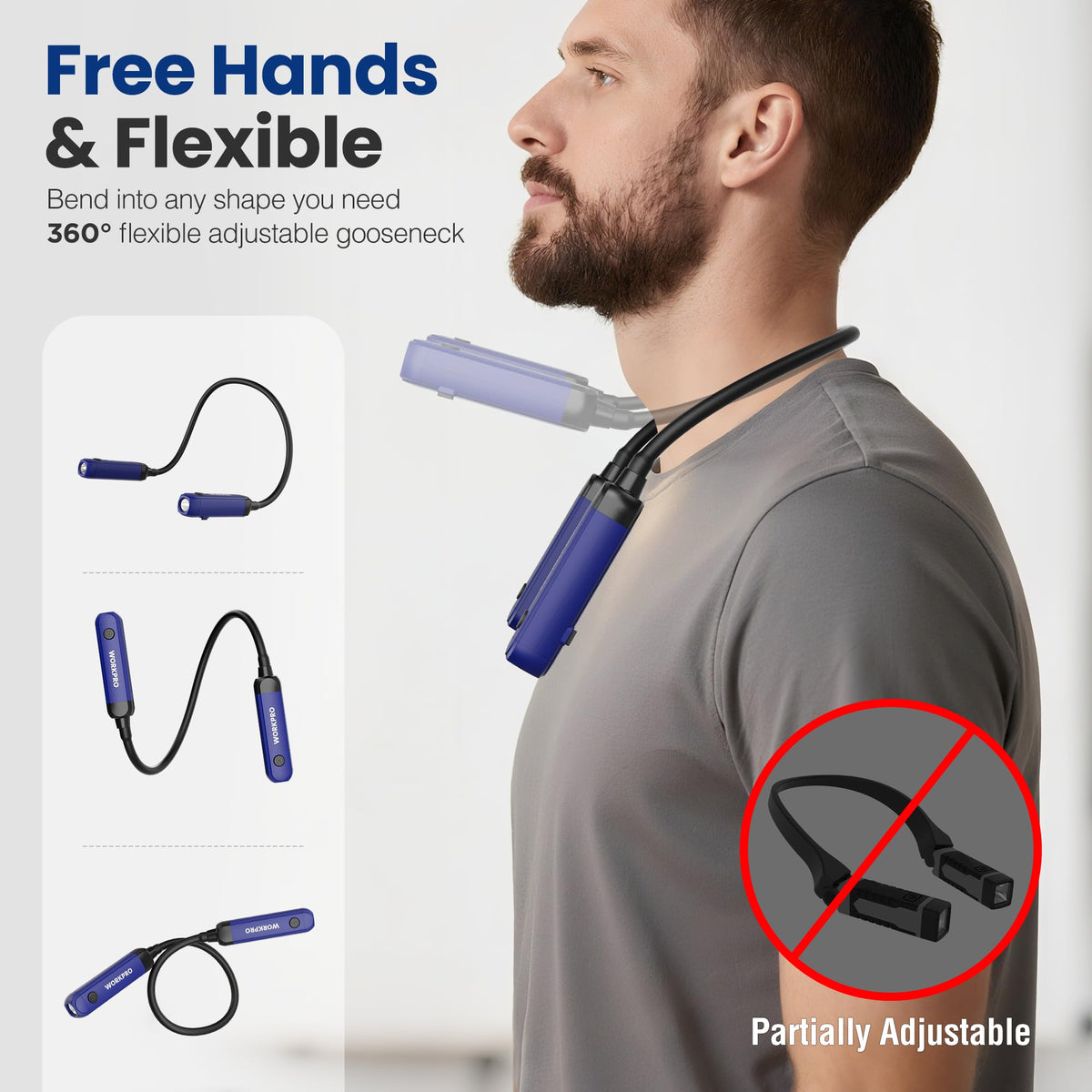 WORKPRO neck light showing 360-degree arm adjustment for DIY projects.