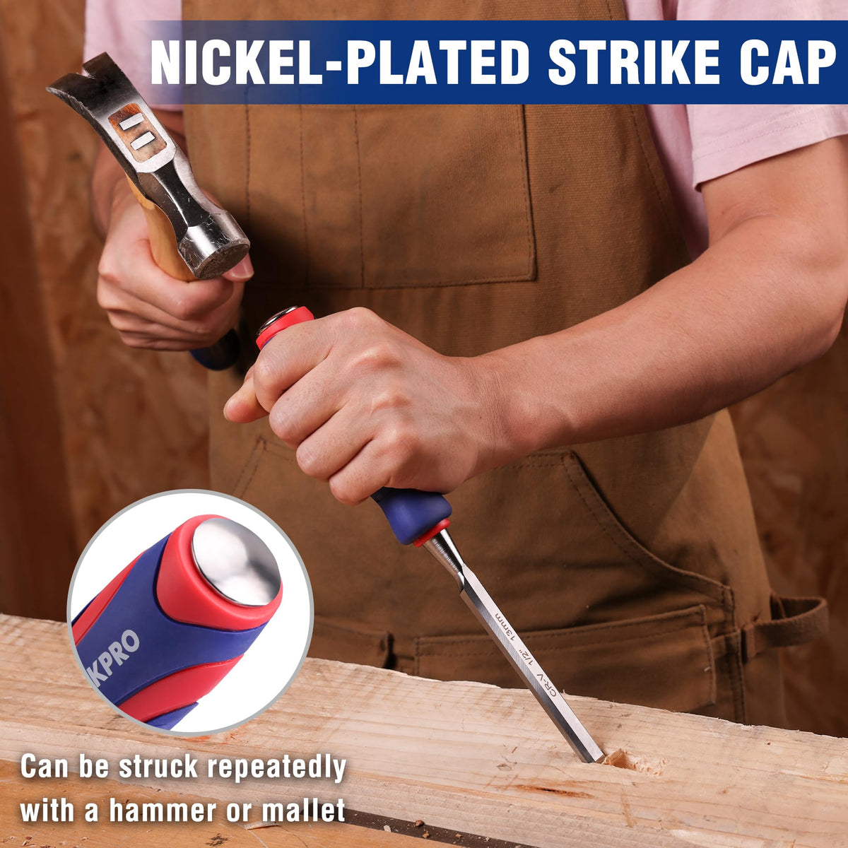WORKPRO nickel-plated strike cap enables hammer-assisted chiseling