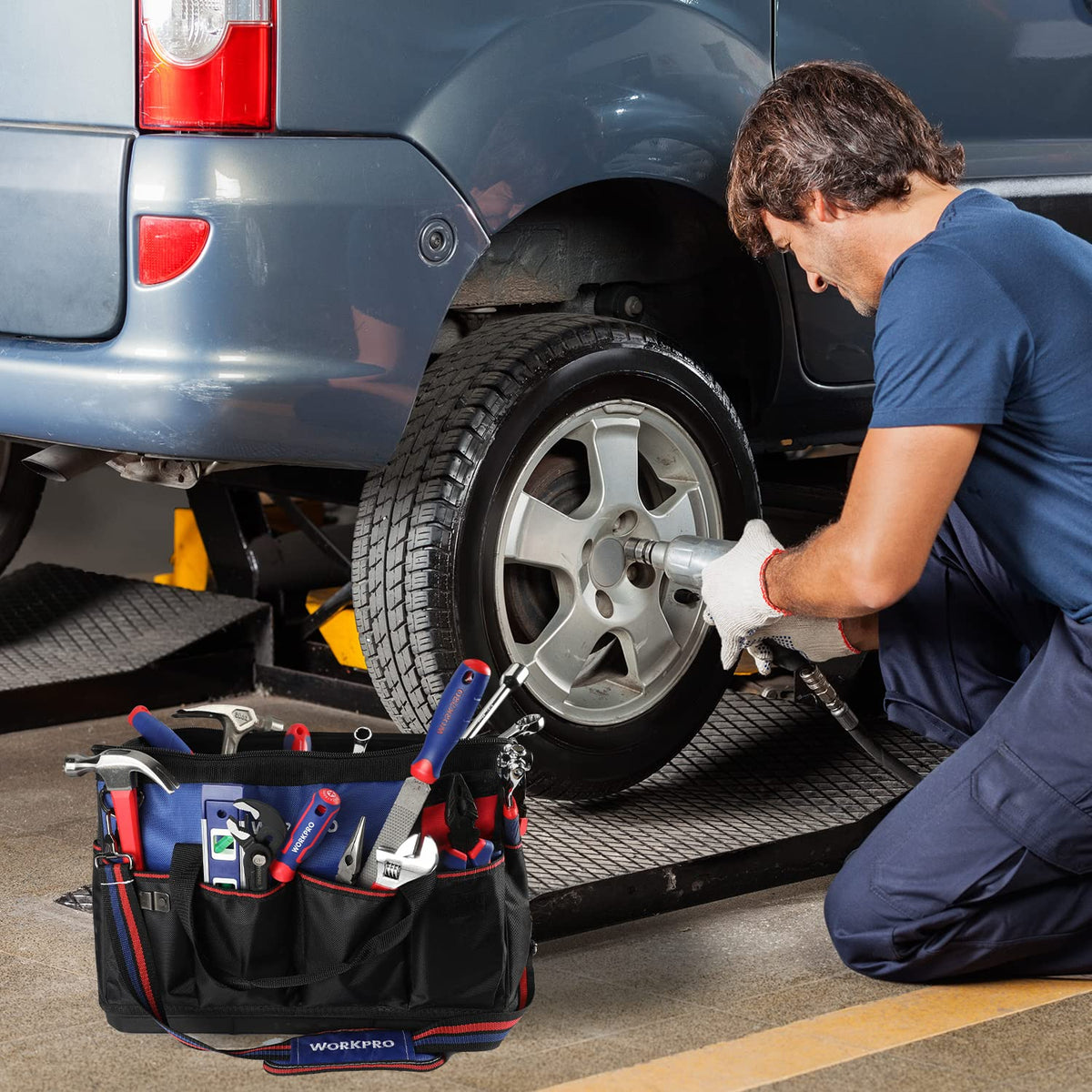 WORKPRO non-slip bottom texture helps keep the bag steady on slick or dusty floors.