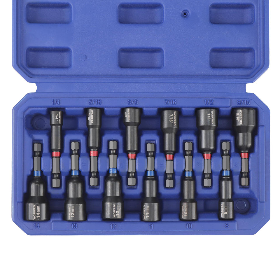 WORKPRO magnetic nut driver set displaying 8–14 mm metric sizes for quick fastening.