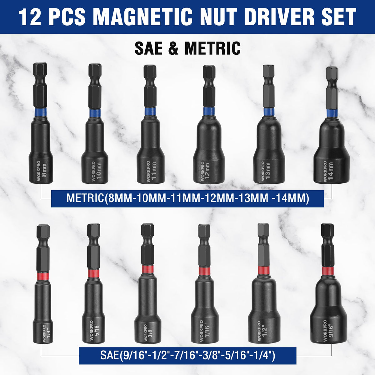WORKPRO magnetic nut driver set showing SAE sizes 1/4" to 9/16" for versatility.