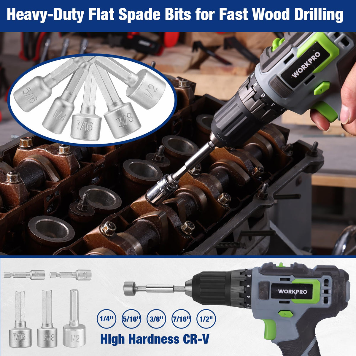 WORKPRO Nut drivers from 1/4 to 1/2 inch for versatile fastening.
