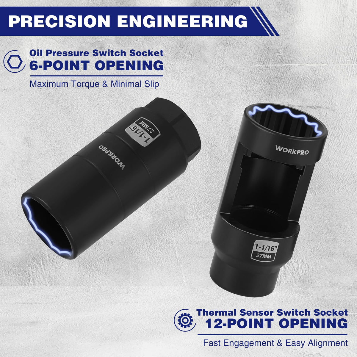 WORKPRO 27 mm oil pressure sensor socket for precise fit.