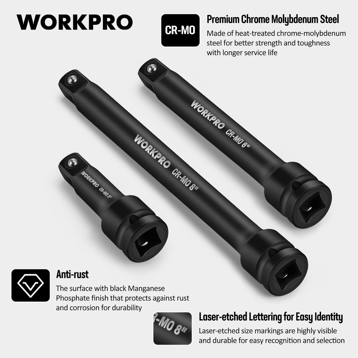WORKPRO one-half drive extension six inch boosts reach for deep fasteners
