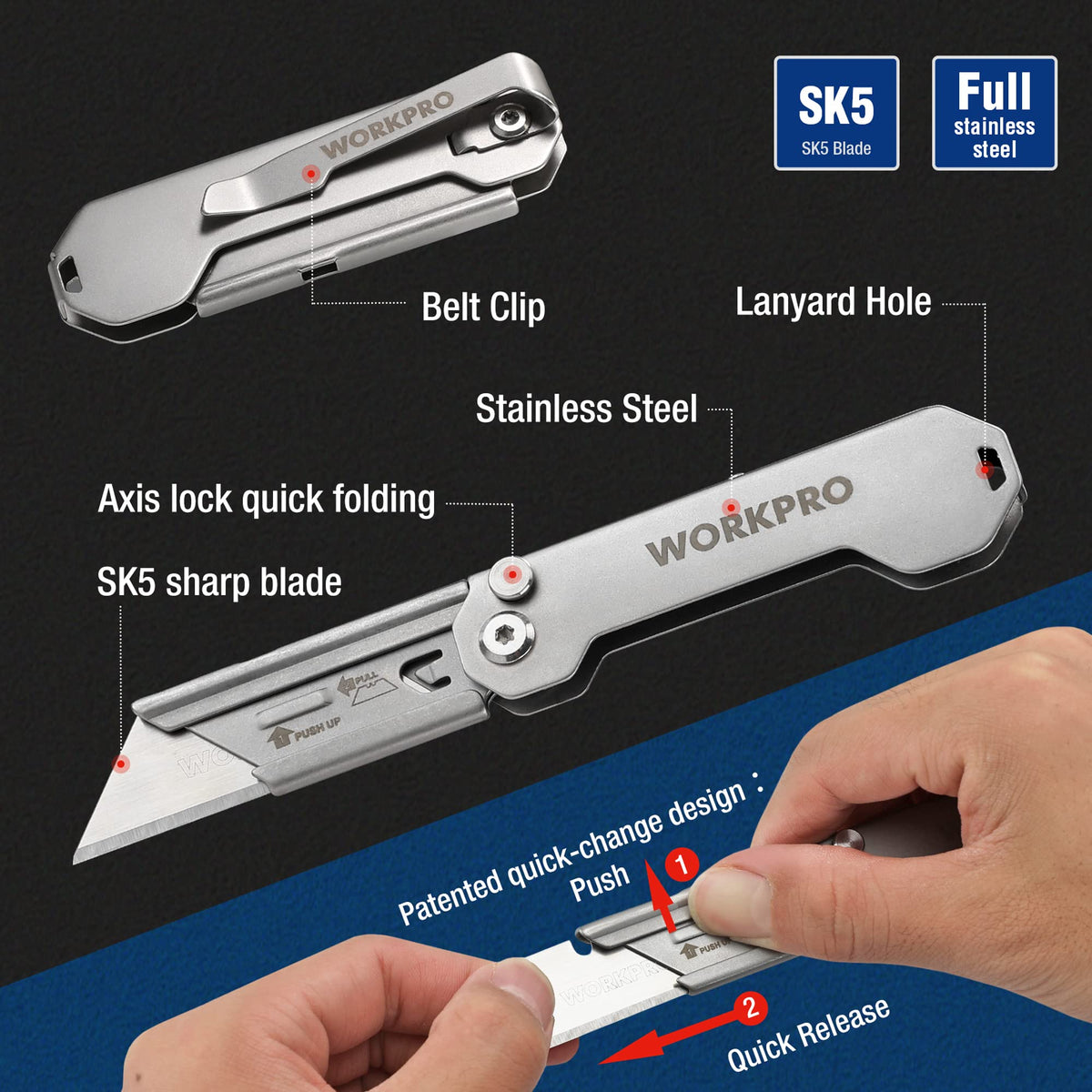 WORKPRO one-handed flip design enables smooth opening with one hand.