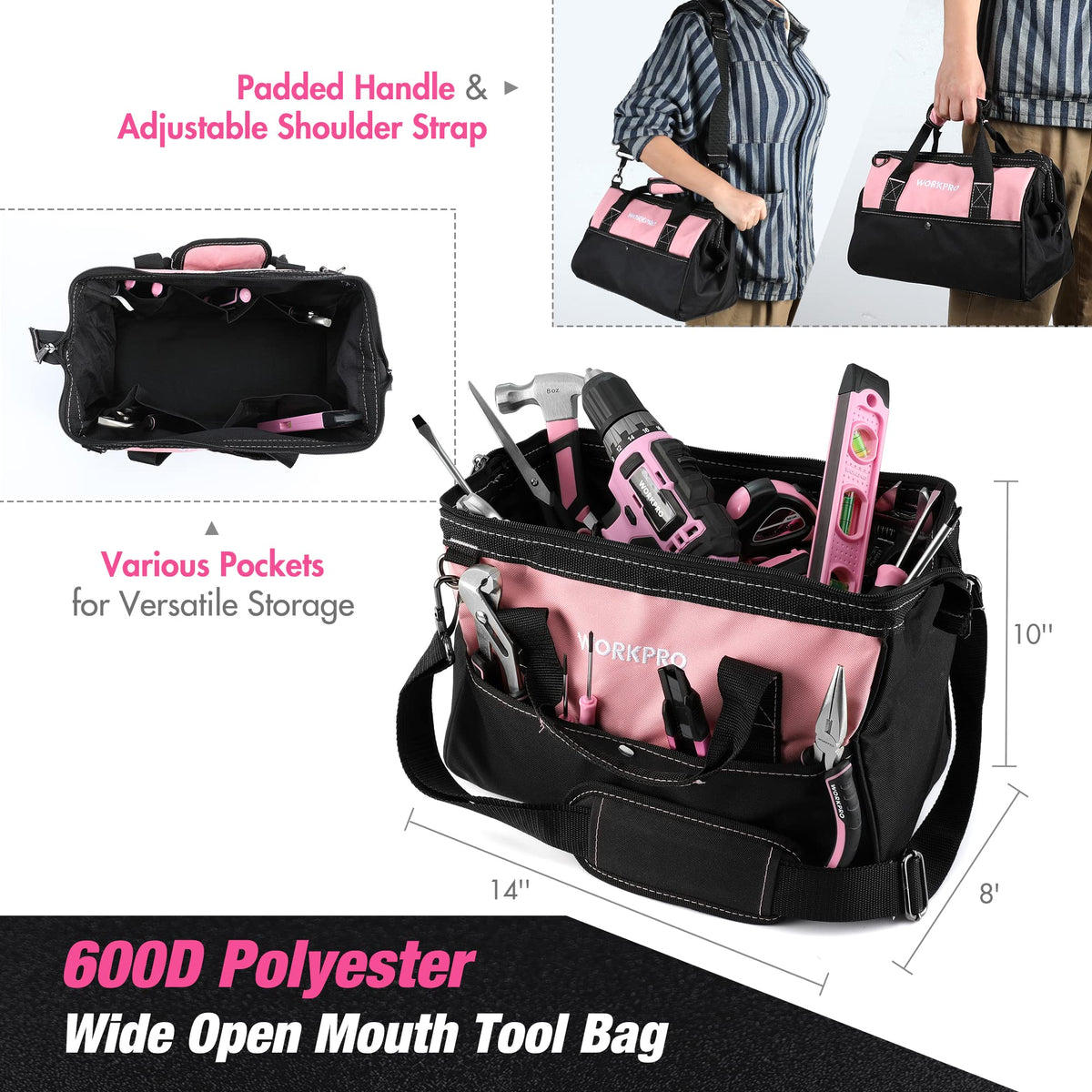 WORKPRO organized tool bag interior helps find tools fast