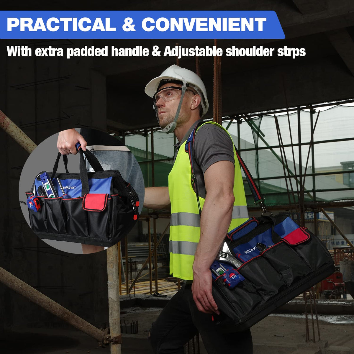 WORKPRO padded handle and adjustable shoulder strap reduce fatigue during long jobs.