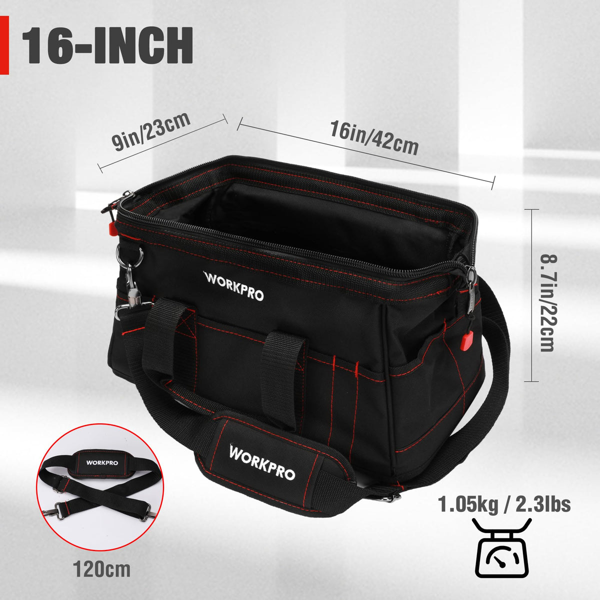 WORKPRO padded handle and adjustable strap reduce fatigue during long carries.
