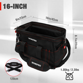 WORKPRO padded handle and adjustable strap reduce fatigue during long carries.