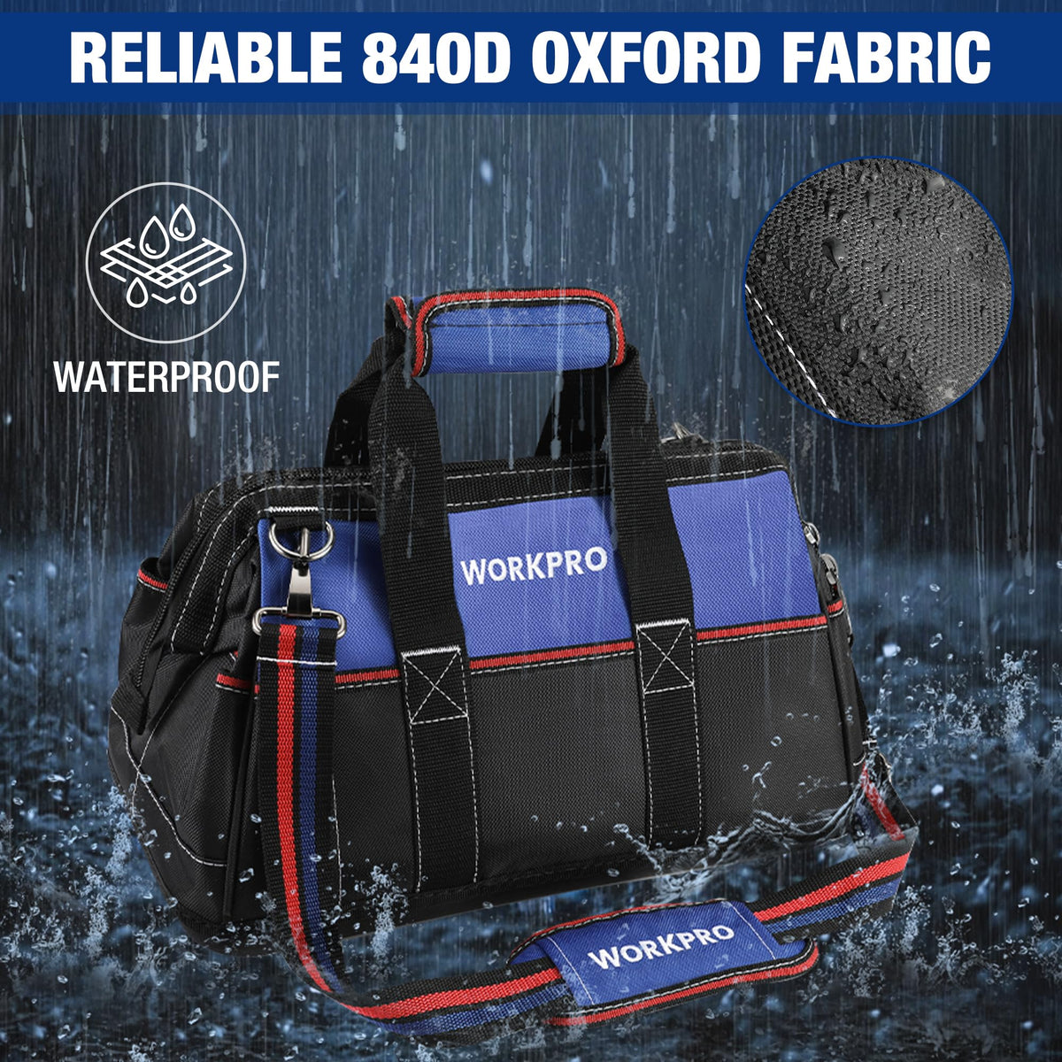 WORKPRO padded handle and adjustable strap improve comfort during transport.