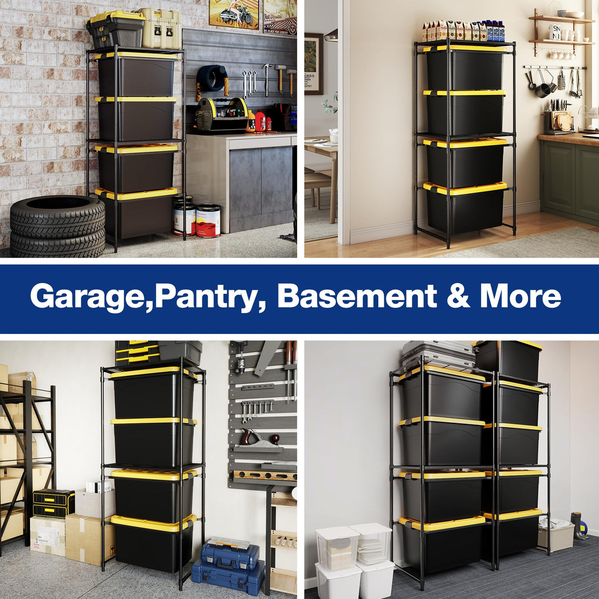 WORKPRO 5-Tier Tote Storage Rack doubles as pantry shelving for bins.