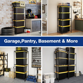 WORKPRO 5-Tier Tote Storage Rack doubles as pantry shelving for bins.