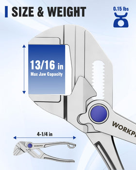 WORKPRO parallel smooth jaws prevent surface damage on fittings and chrome hardware.