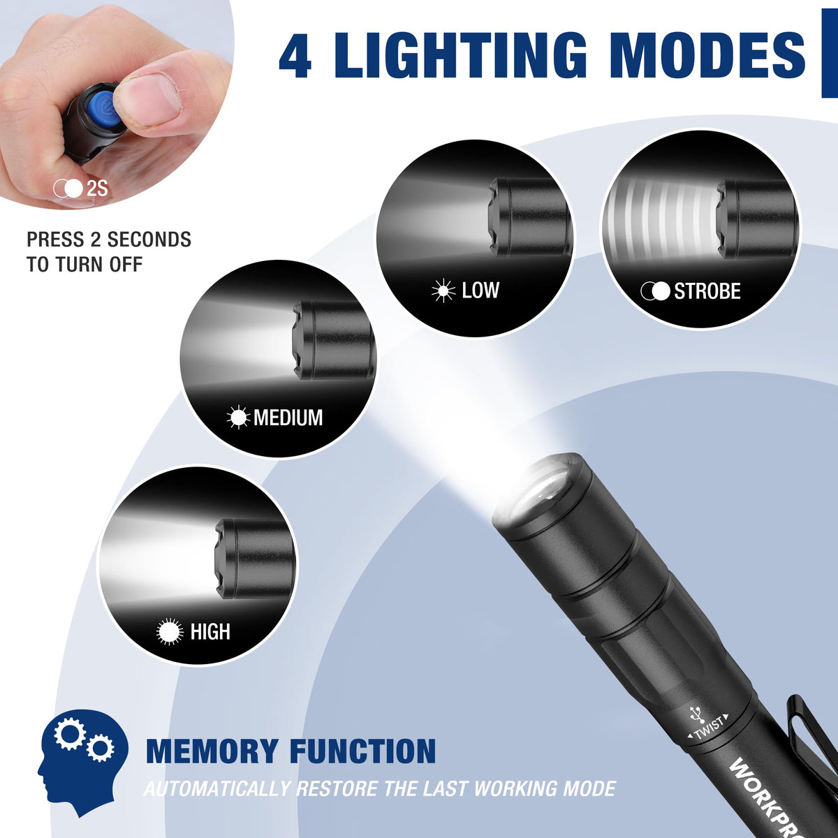 WORKPRO pen light memory function recalls last mode for quick use