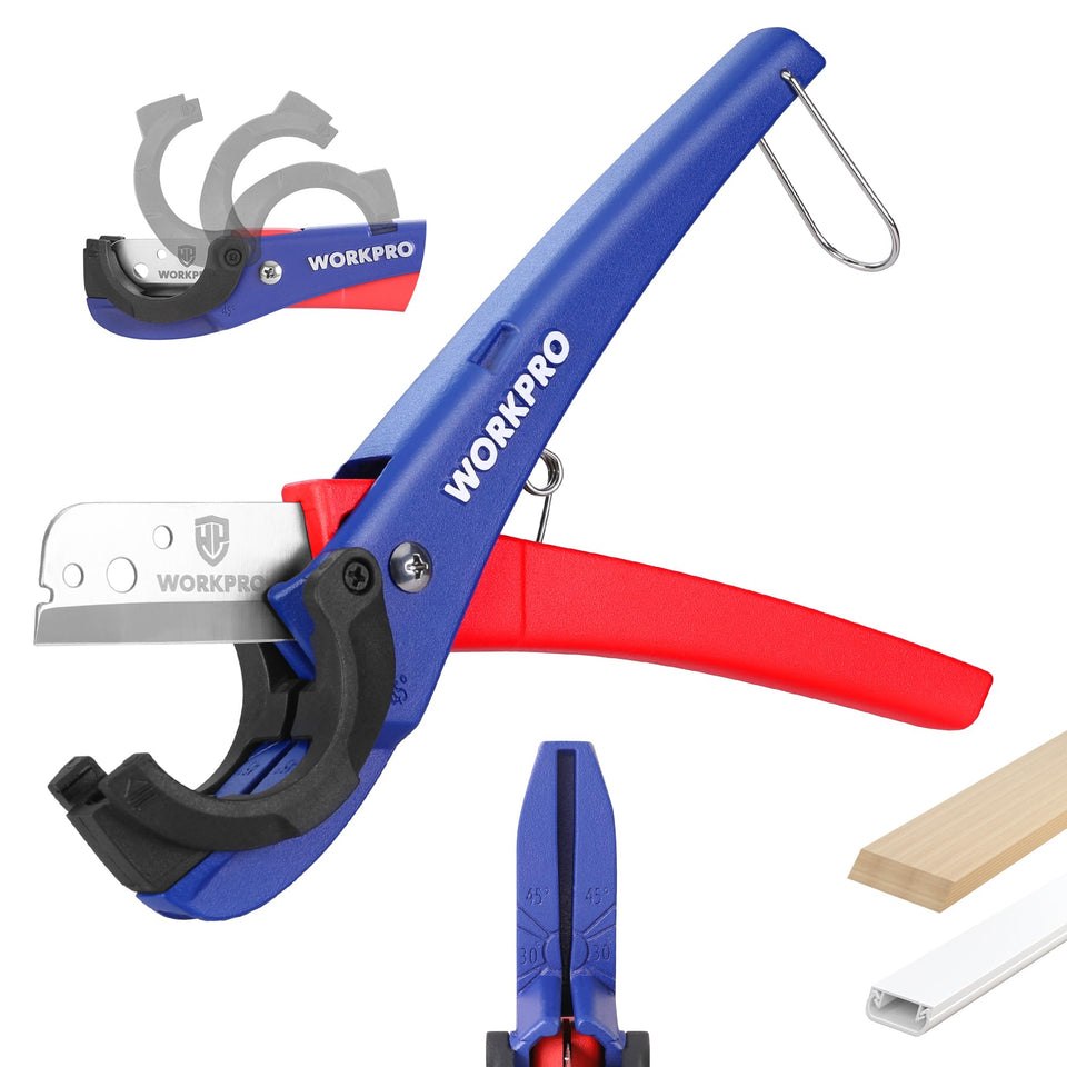 WORKPRO PEX Cutter showing 30-degree rectangular cut for precise corner fits