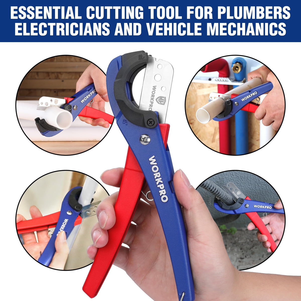 WORKPRO PEX Cutter easy one-handed operation with proper pipe support
