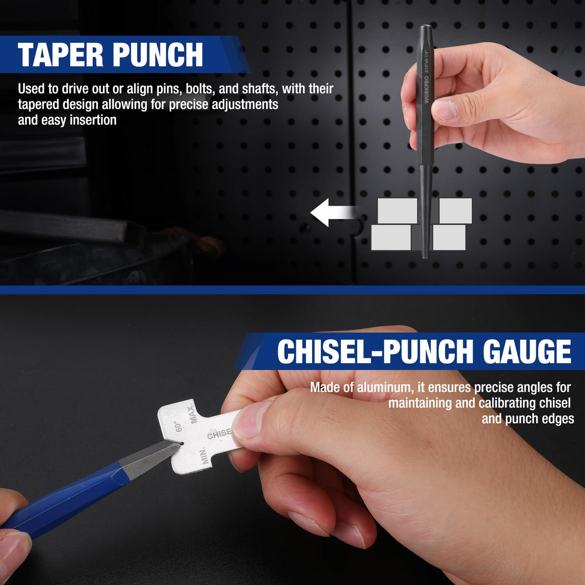WORKPRO pin punch supports alignment and removal in tough materials.
