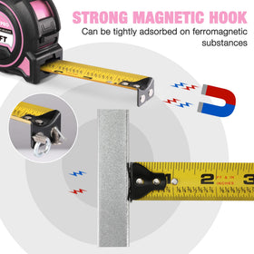WORKPRO Pink 1.1 inch wide tape provides rigid stand for longer measurements.