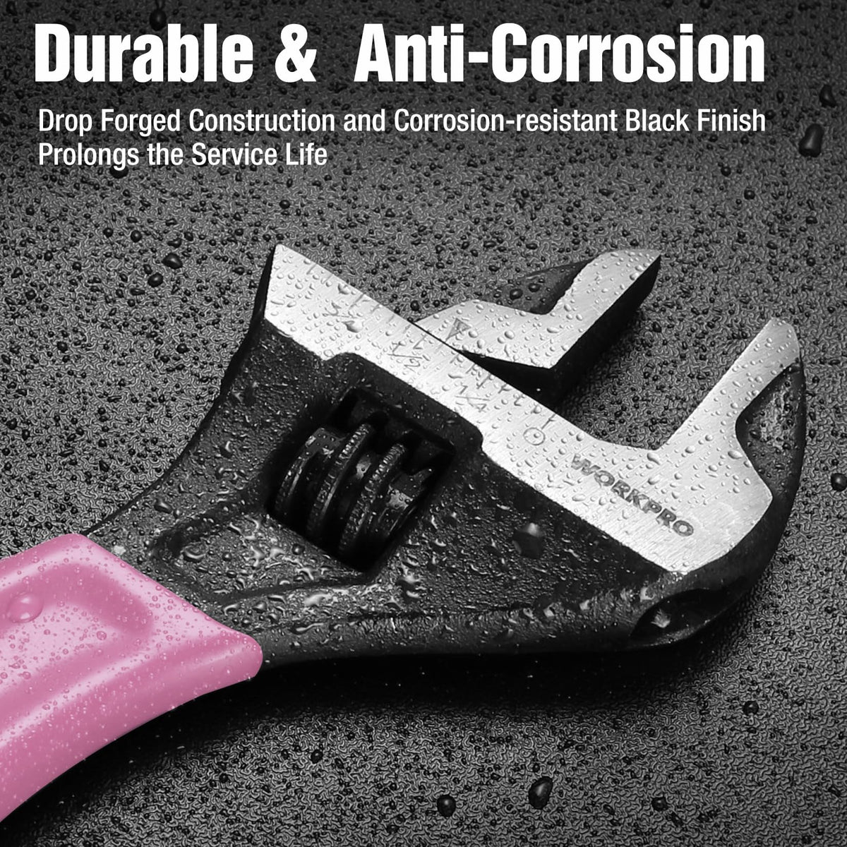 WORKPRO pink 10-inch adjustable wrench shown with wide jaw capacity