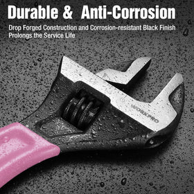 WORKPRO pink 10-inch adjustable wrench shown with wide jaw capacity
