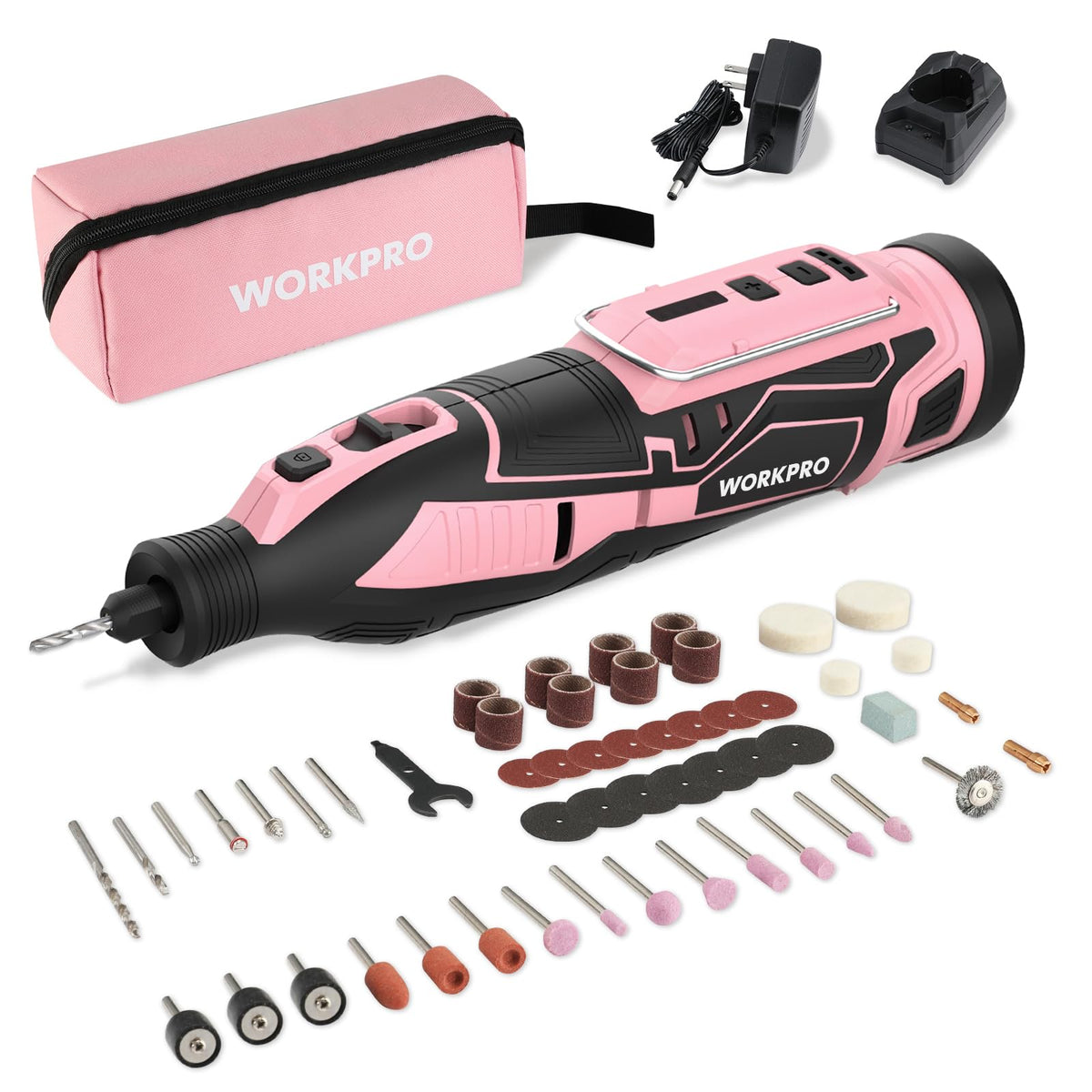 WORKPRO Pink 12V cordless rotary tool in action for precise engraving and light sanding.