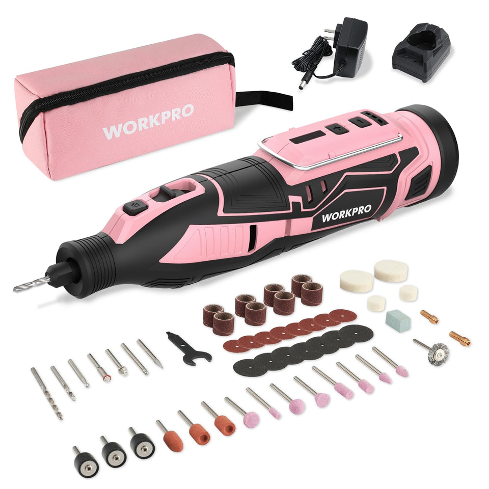 WORKPRO Pink 12V cordless rotary tool in action for precise engraving and light sanding.