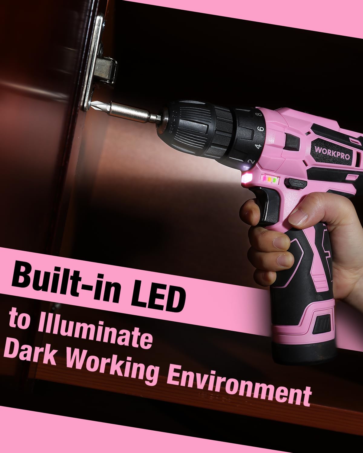WORKPRO pink 18-plus-1 clutch settings protect screws.
