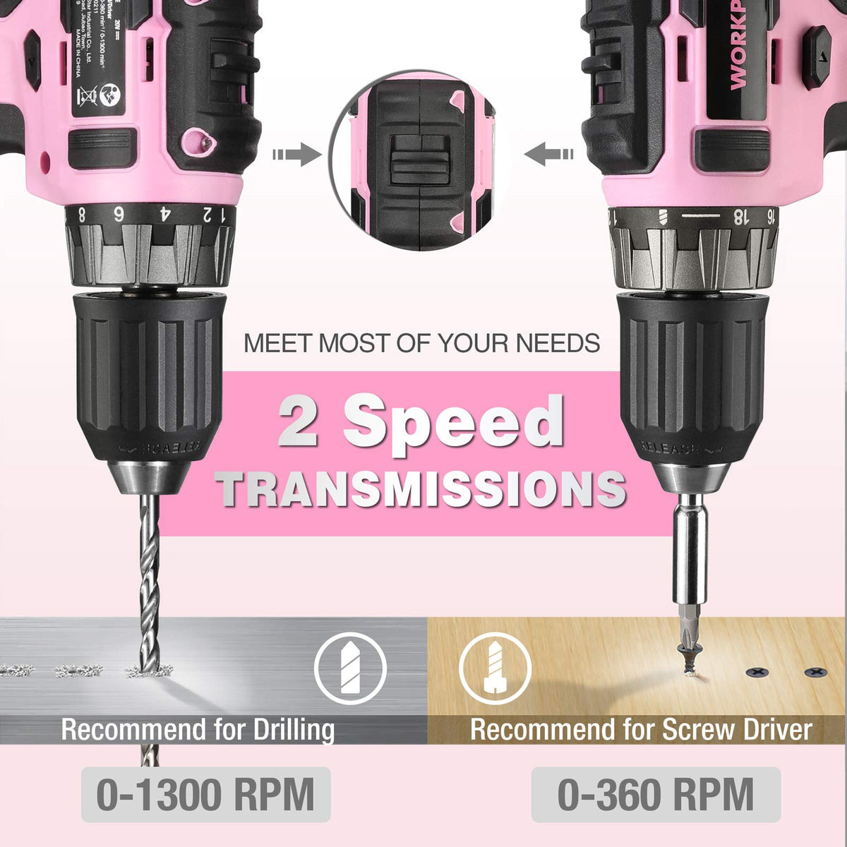 WORKPRO 3/8-inch keyless chuck accepts most bits for general drilling tasks.