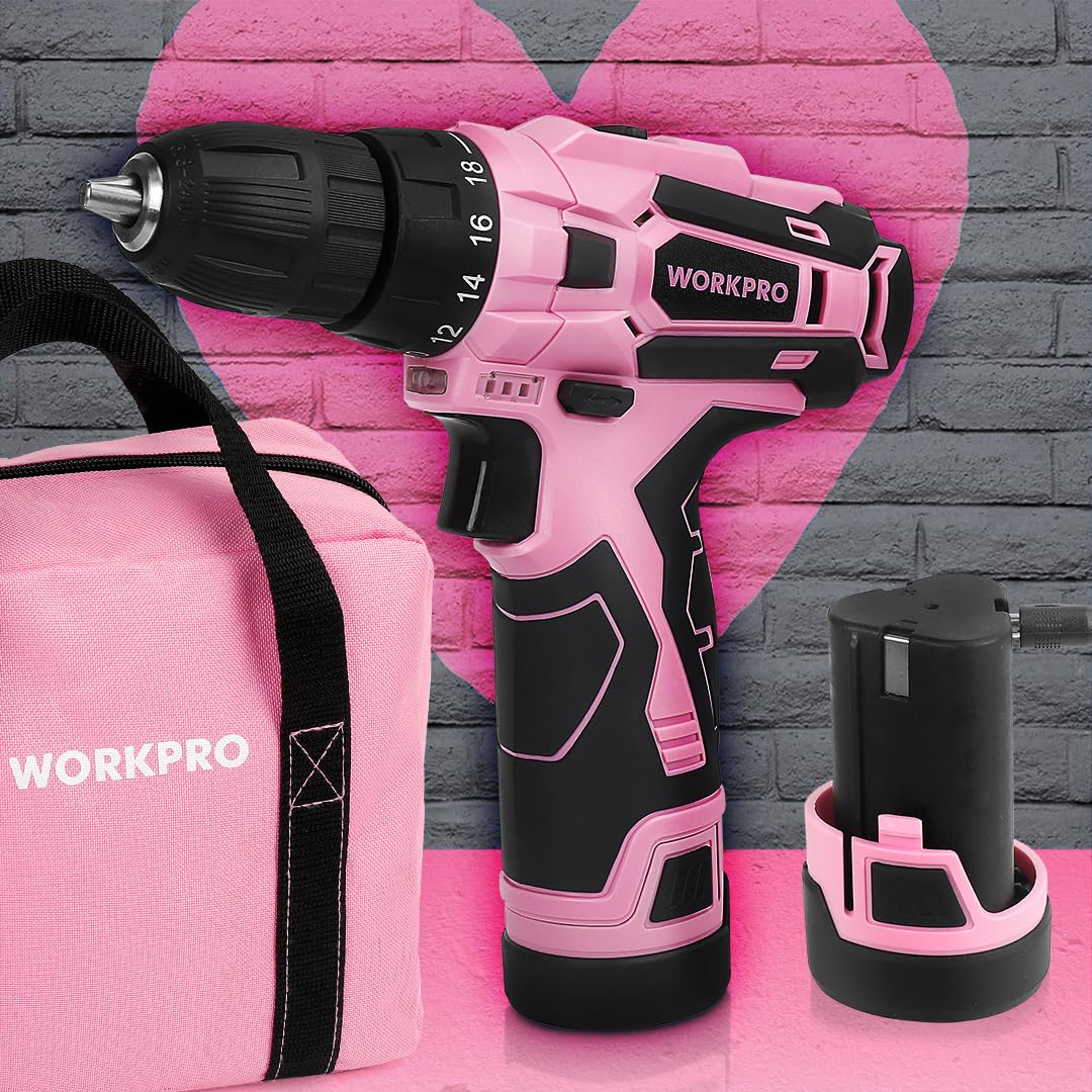 WORKPRO pink 3/8 inch keyless chuck for fast bit changes.
