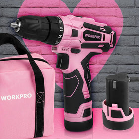 WORKPRO pink 3/8 inch keyless chuck for fast bit changes.