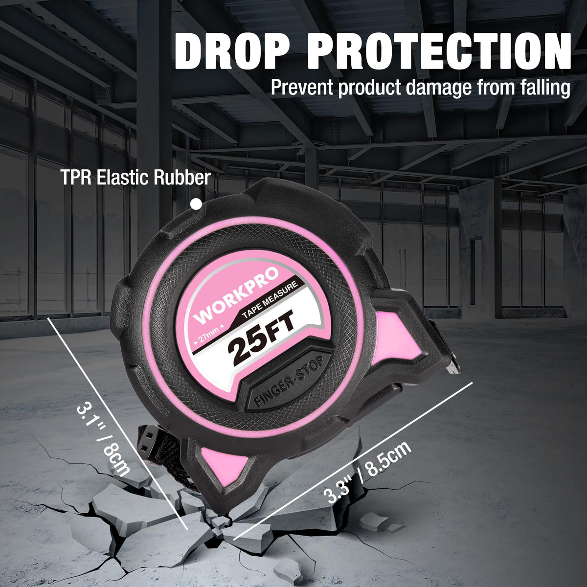 WORKPRO Pink tape measure with belt clip ready for quick access on-site tasks.