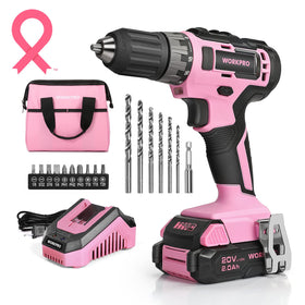 WORKPRO pink cordless drill with 3/8-inch chuck for versatile home projects.