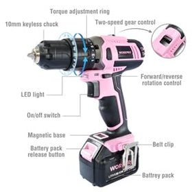 Workpro pink cordless drill battery illustrating quick swap power