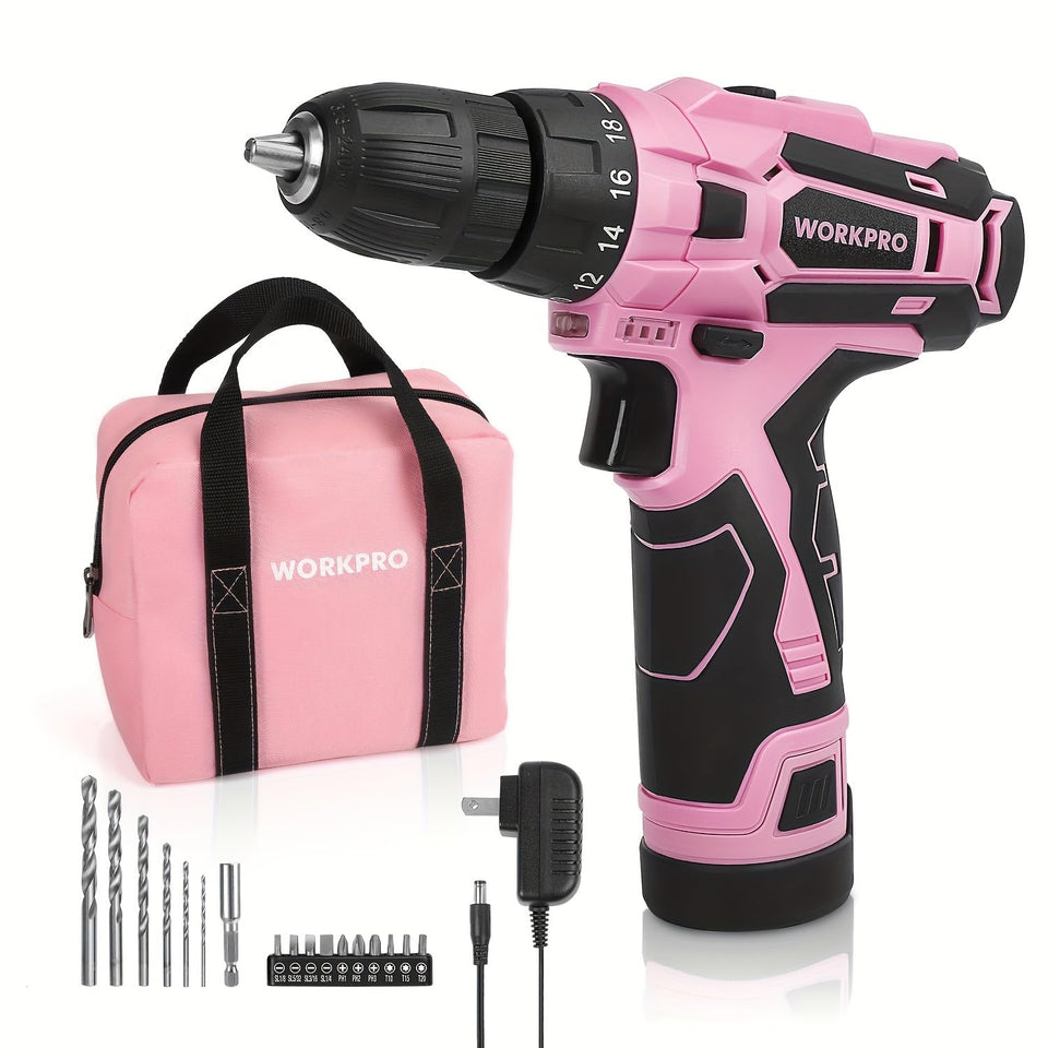 WORKPRO pink cordless drill driver 12V ready for precise screwdriving in tight spaces.