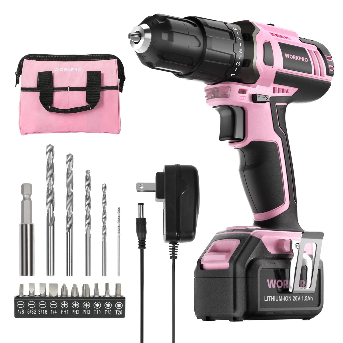Workpro pink cordless drill driver front view showing compact design and grip