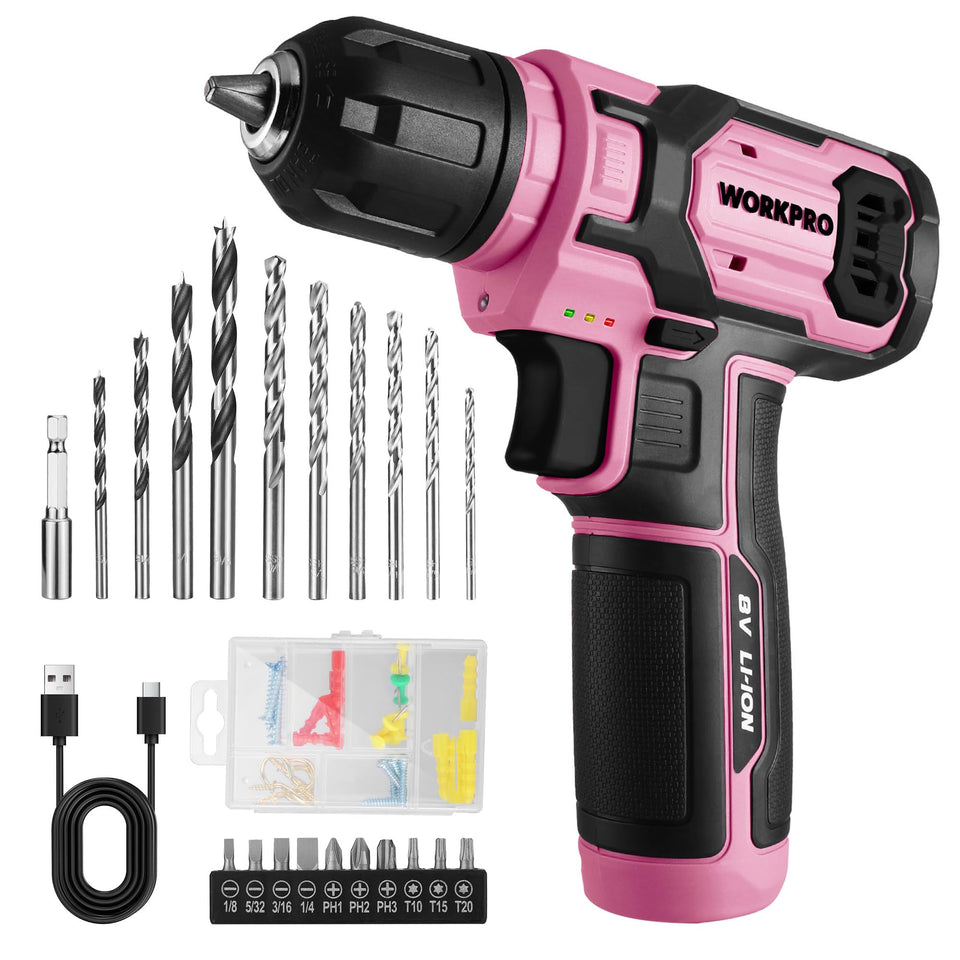WORKPRO pink cordless drill front view for precise home projects