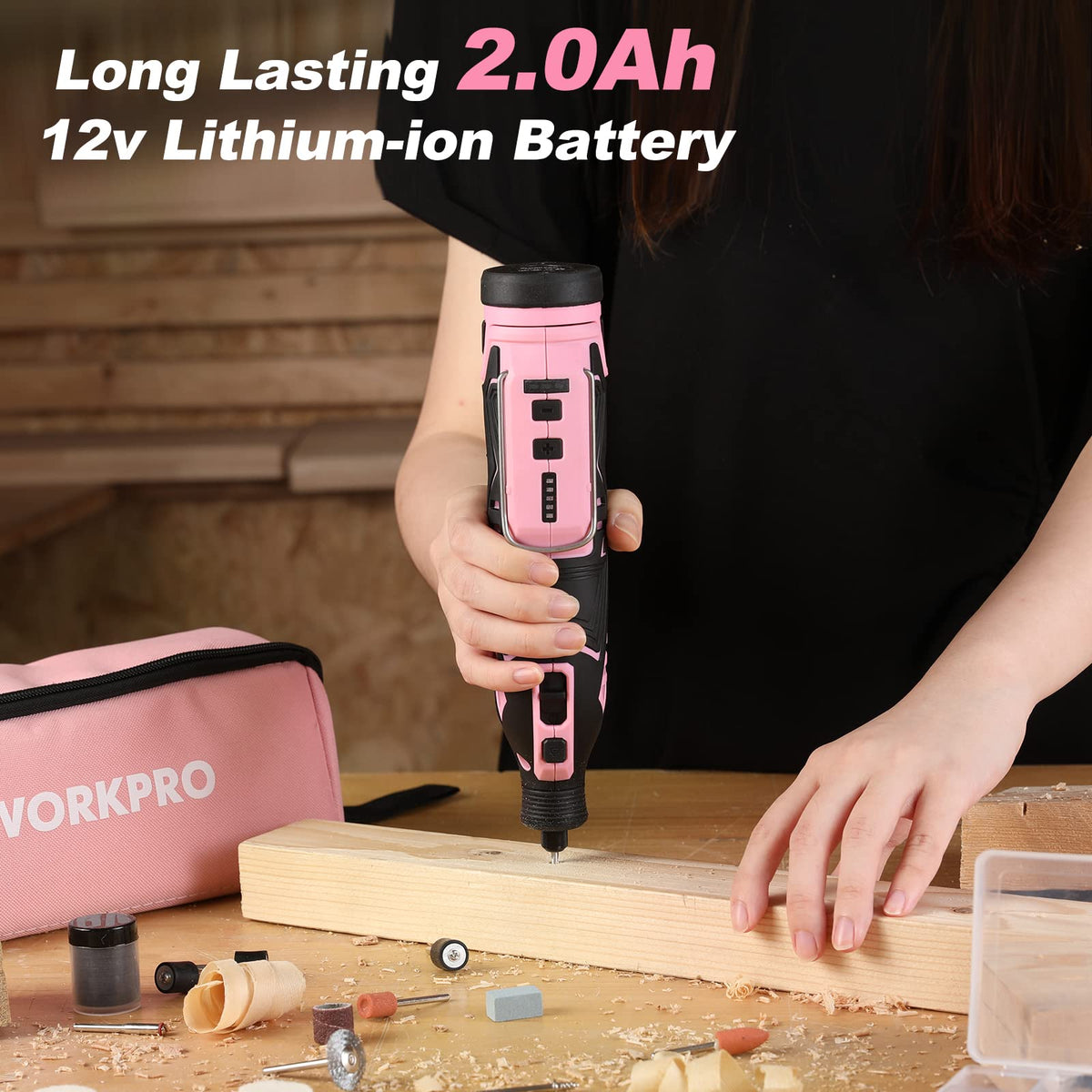 WORKPRO pink cordless tool with battery for wireless operation anywhere.