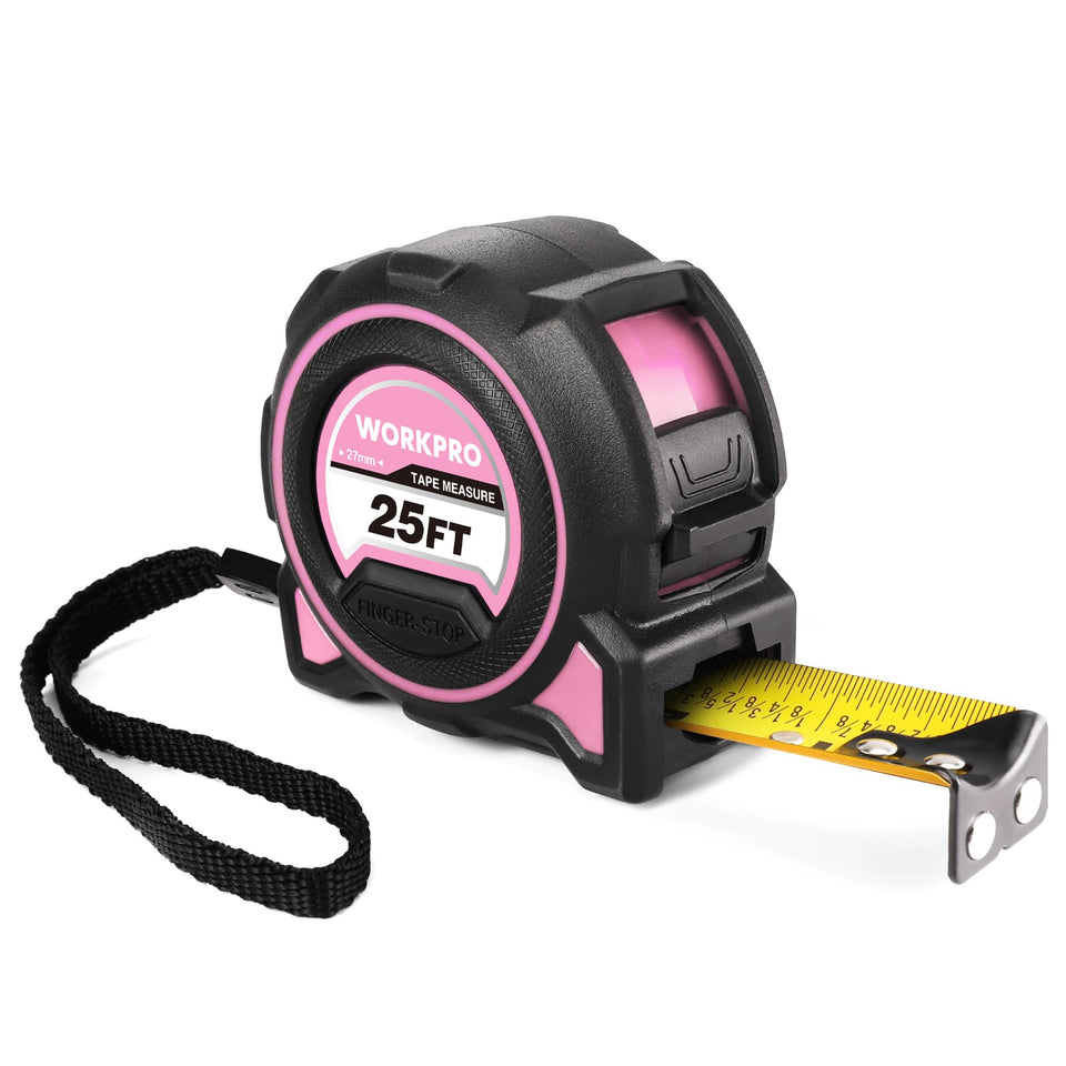 WORKPRO Pink heavy-duty tape measure with rugged casing for job sites.