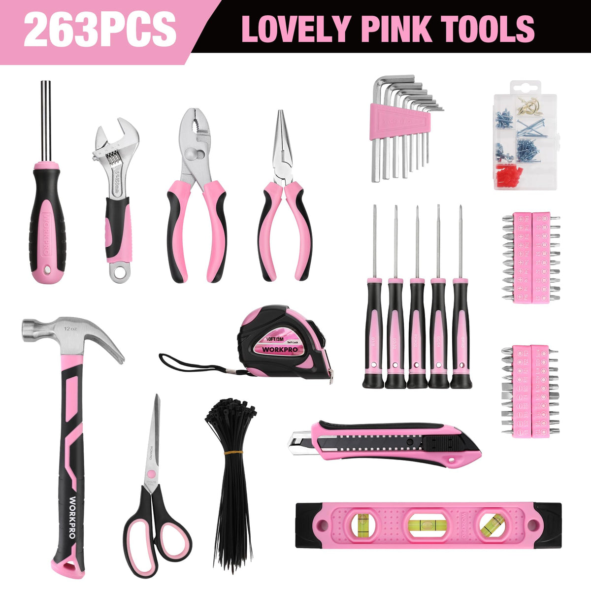 WORKPRO pink hex keys and wrenches neatly organized for handy repairs