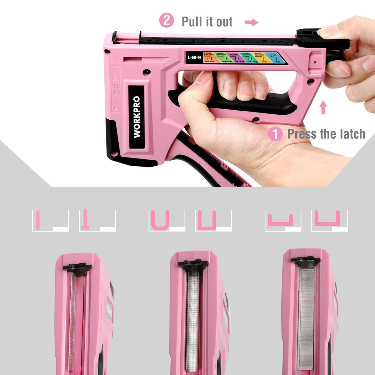 WORKPRO pink staple gun ideal for carpentry and repair jobs