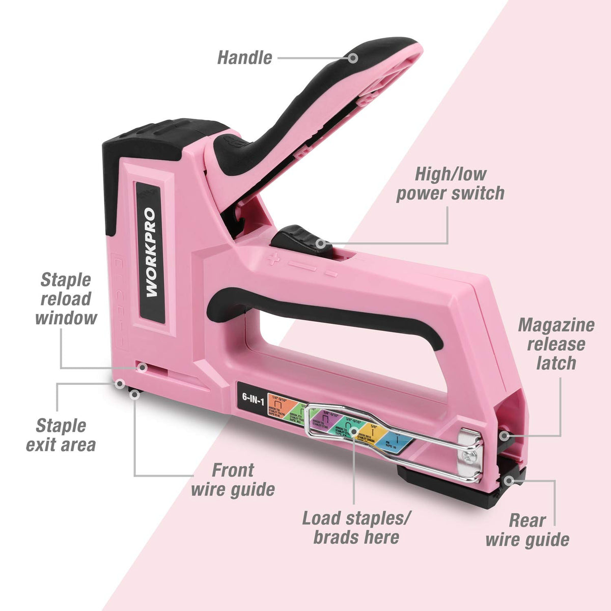 WORKPRO pink staple gun ergonomic rubber handle reduces hand fatigue