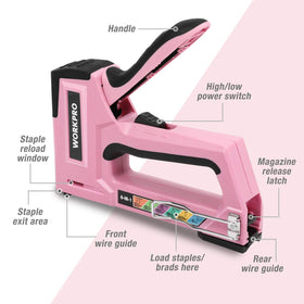WORKPRO pink staple gun ergonomic rubber handle reduces hand fatigue