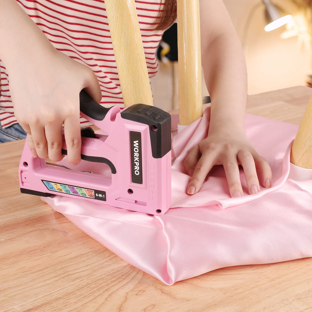 WORKPRO pink staple gun perfect for upholstery and furniture fixes
