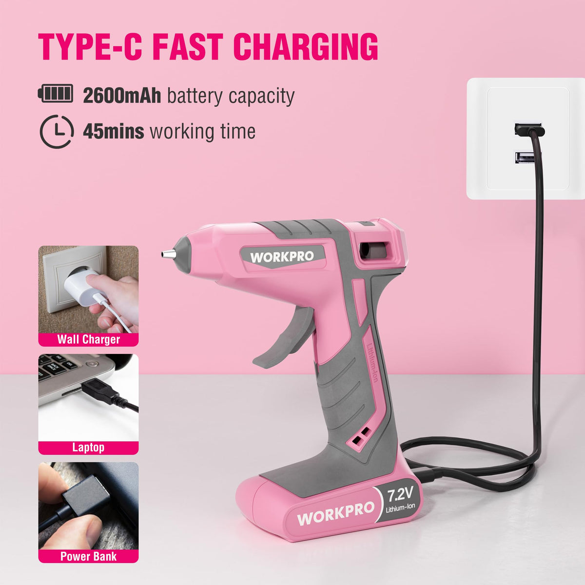 WORKPRO pink storage bag keeps glue gun and sticks organized