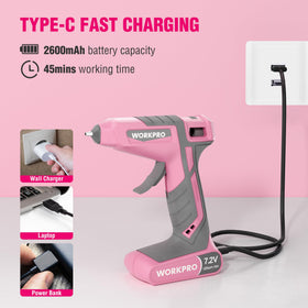 WORKPRO pink storage bag keeps glue gun and sticks organized