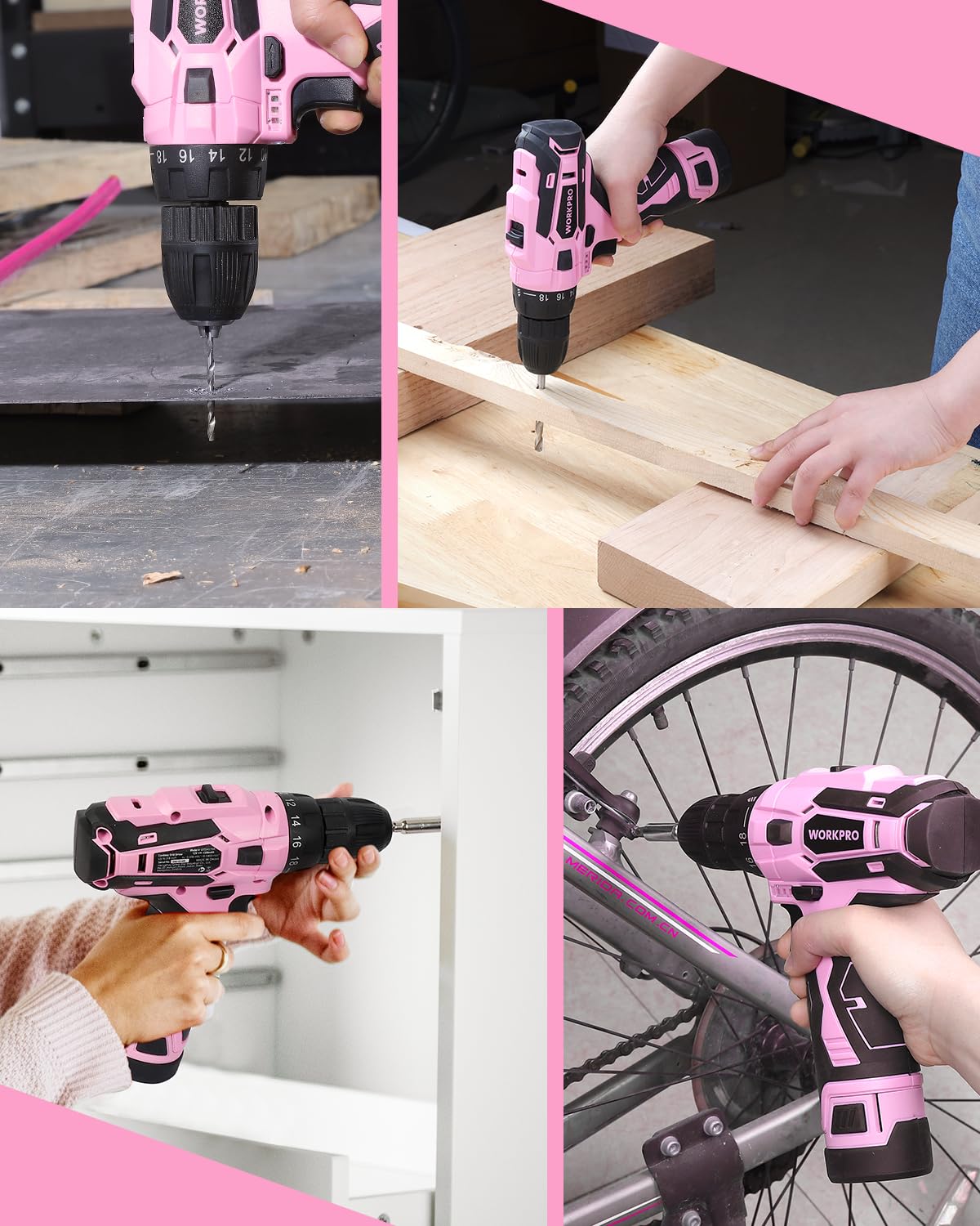 WORKPRO pink storage bag keeps tools organized and portable.