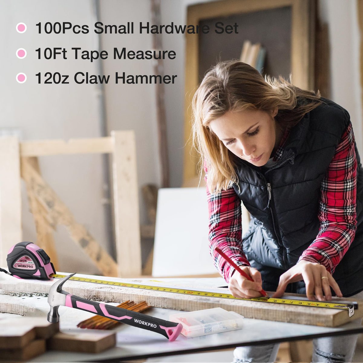 WORKPRO pink auto-lock tape measure for one-handed measuring