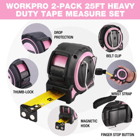 WORKPRO Pink tape measure showing magnetic hook for steady metal surface measurements.