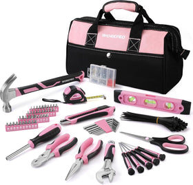 WORKPRO pink tool kit with wide-mouth bag for quick, organized home repairs
